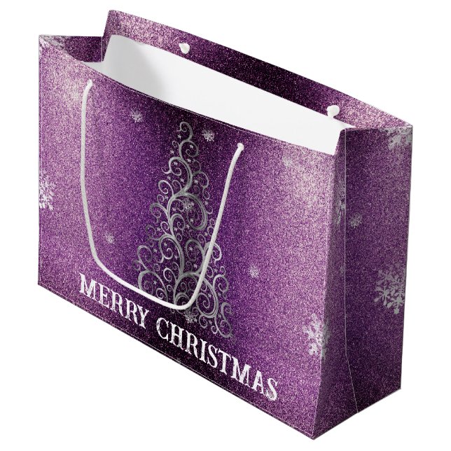 Christmas Tree Glitter and Snowflakes | Magenta Large Gift Bag (Front Angled)