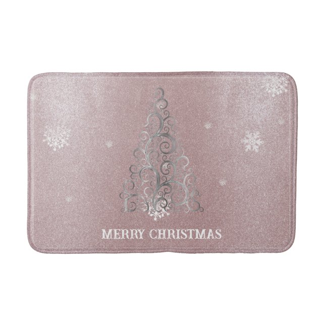 Christmas Tree Glitter and Snowflakes | Pink Bath Mat (Front)