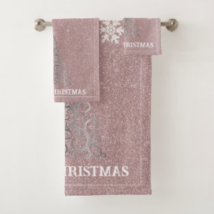 Christmas Tree Glitter and Snowflakes   Pink Bath Towel Set