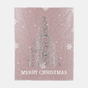 Christmas Tree Glitter and Snowflakes Pink Fleece Blanket