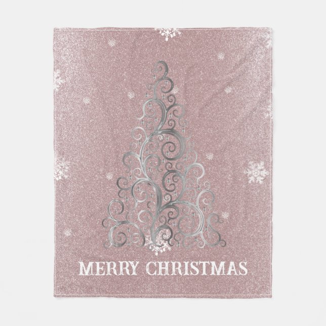 Christmas Tree Glitter and Snowflakes | Pink Fleece Blanket (Front)