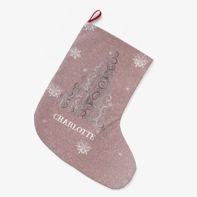 Christmas Tree Glitter and Snowflakes | Pink Large Christmas Stocking (Front (Hanging))