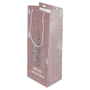 Christmas Tree Glitter and Snowflakes   Pink Wine Gift Bag