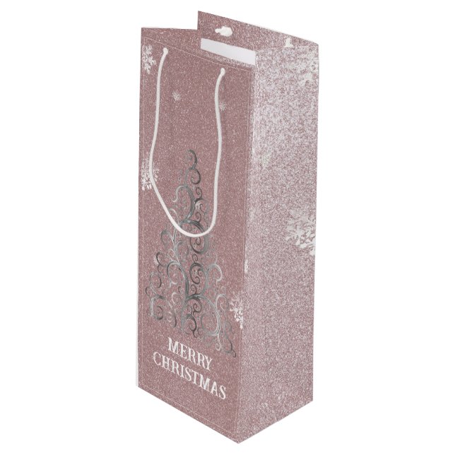 Christmas Tree Glitter and Snowflakes | Pink Wine Gift Bag (Front Angled)