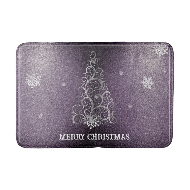Christmas Tree Glitter and Snowflakes | Purple Bath Mat (Front)
