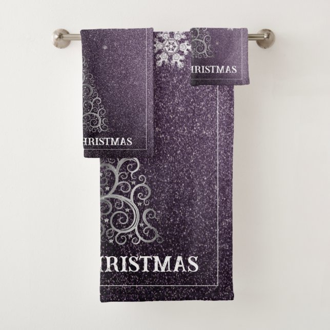 Christmas Tree Glitter and Snowflakes | Purple Bath Towel Set (Insitu)