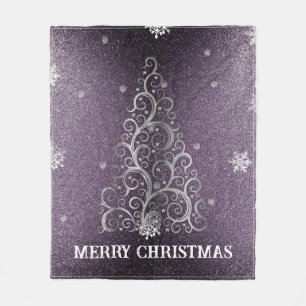 Christmas Tree Glitter and Snowflakes Purple Fleece Blanket