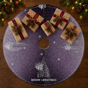 Christmas Tree Glitter and Snowflakes Purple Fleece Tree Skirt