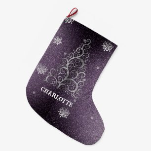 Christmas Tree Glitter and Snowflakes   Purple Large Christmas Stocking