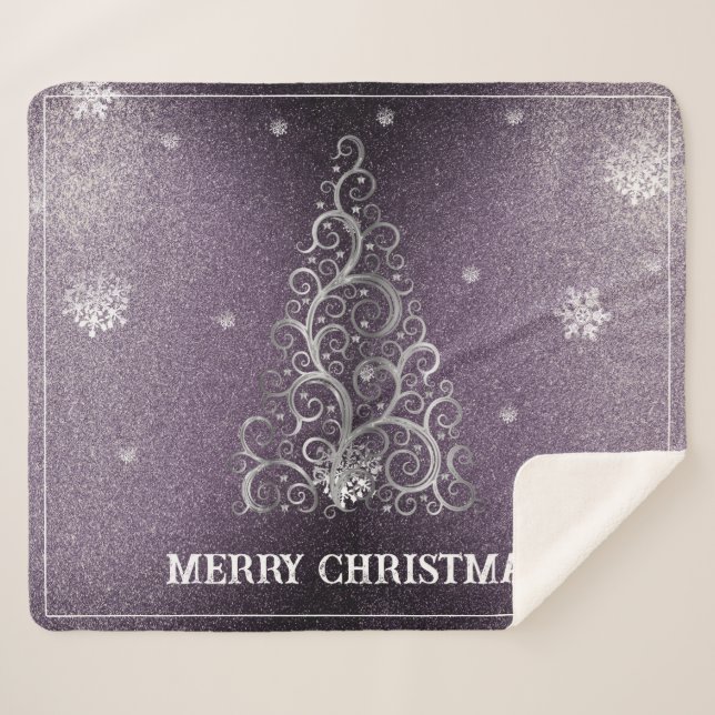 Christmas Tree Glitter and Snowflakes | Purple Sherpa Blanket (Front (Horizontal))