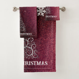 Christmas Tree Glitter and Snowflakes   Red Bath Towel Set