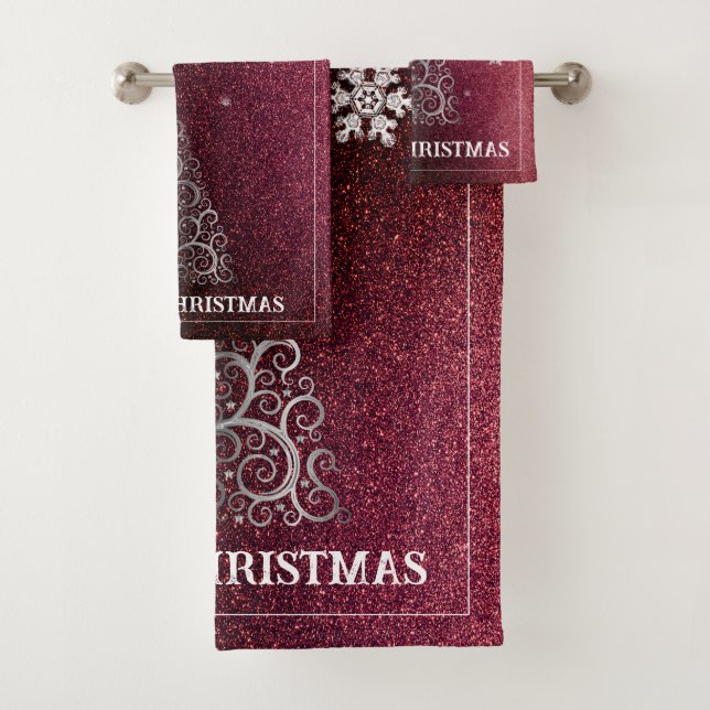 Christmas Tree Glitter and Snowflakes | Red Bath Towel Set (Insitu)
