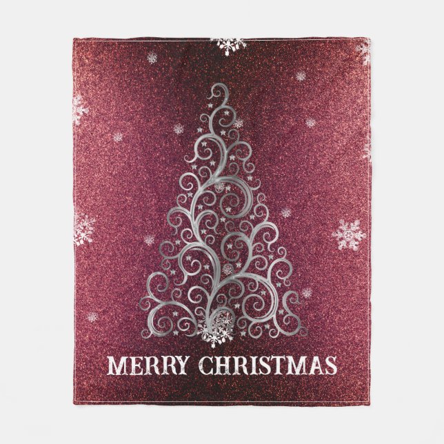 Christmas Tree Glitter and Snowflakes | Red Fleece Blanket (Front)