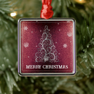Christmas Tree Glitter and Snowflakes Red Metal Ornament