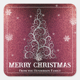 Christmas Tree Glitter and Snowflakes   Red Square Sticker