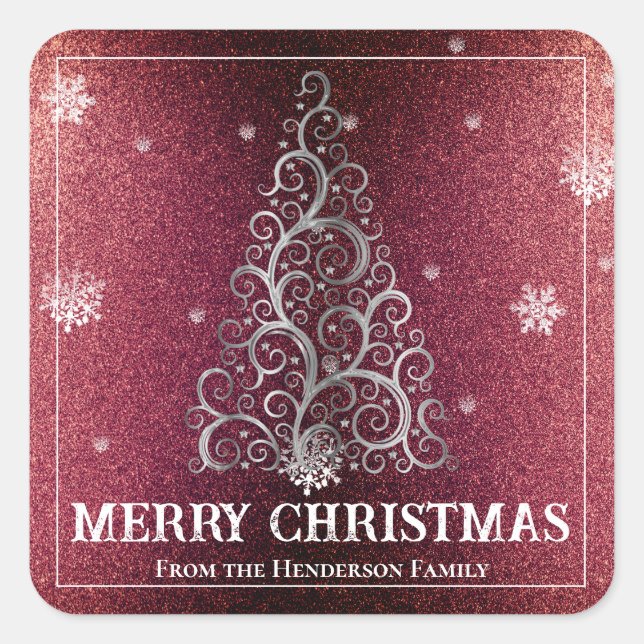 Christmas Tree Glitter and Snowflakes | Red Square Sticker (Front)