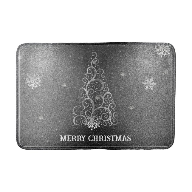 Christmas Tree Glitter and Snowflakes | Silver Bath Mat (Front)