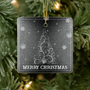 Christmas Tree Glitter and Snowflakes   Silver Ceramic Ornament