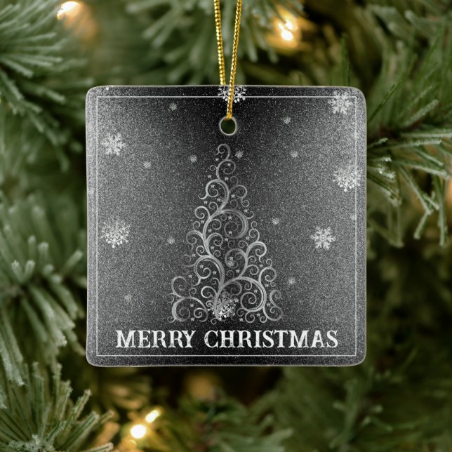Christmas Tree Glitter and Snowflakes | Silver Ceramic Ornament (Tree)