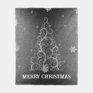 Christmas Tree Glitter and Snowflakes Silver Fleece Blanket