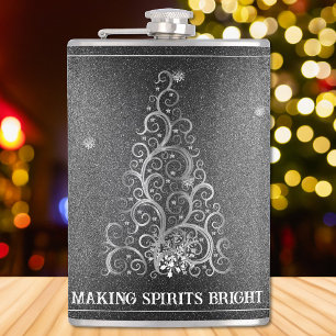 Christmas Tree Glitter and Snowflakes Silver Hip Flask