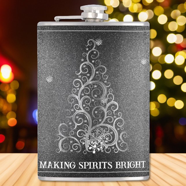 Christmas Tree Glitter and Snowflakes | Silver Hip Flask (Silver Christmas Tree Glitter and Snowflakes Flask)