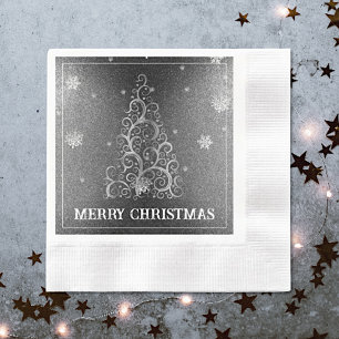 Christmas Tree Glitter and Snowflakes Silver Napkin