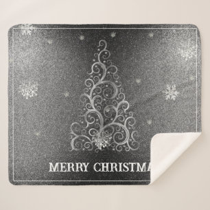 Christmas Tree Glitter and Snowflakes Silver Sherpa Blanket