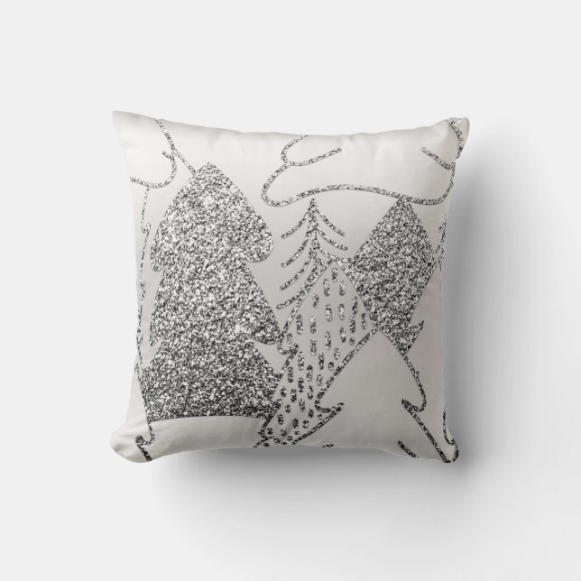Christmas Tree Glitter Grey Metallic Silver Wood Throw Pillow (Front)