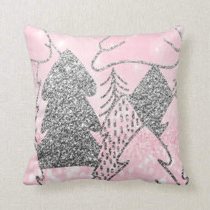 Christmas Tree Glitter Silver Grey Winter Pink Throw Pillow