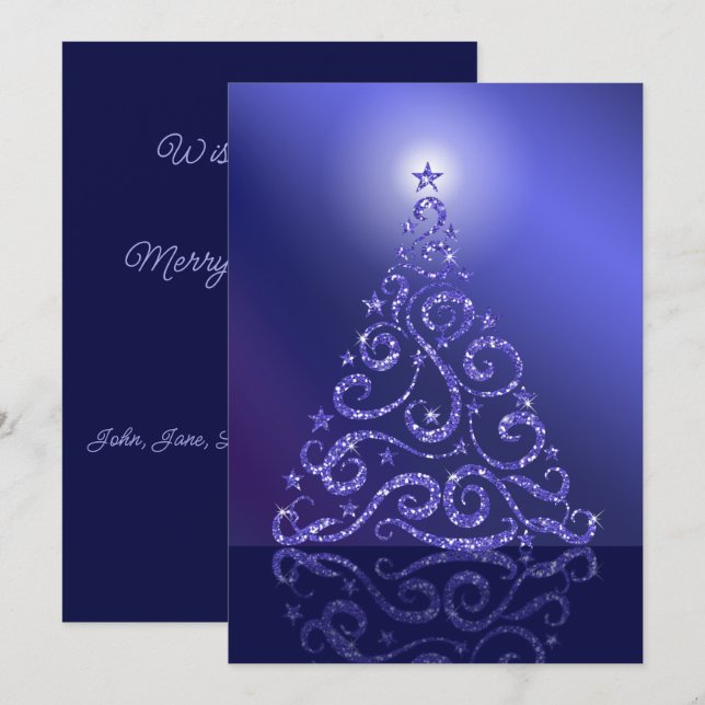Christmas Tree Glittering Blue Stars and Sparkles Holiday Card (Front/Back)
