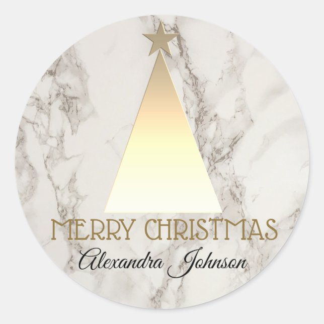 Christmas Tree Gold and Marble Elegant Classic Round Sticker (Front)