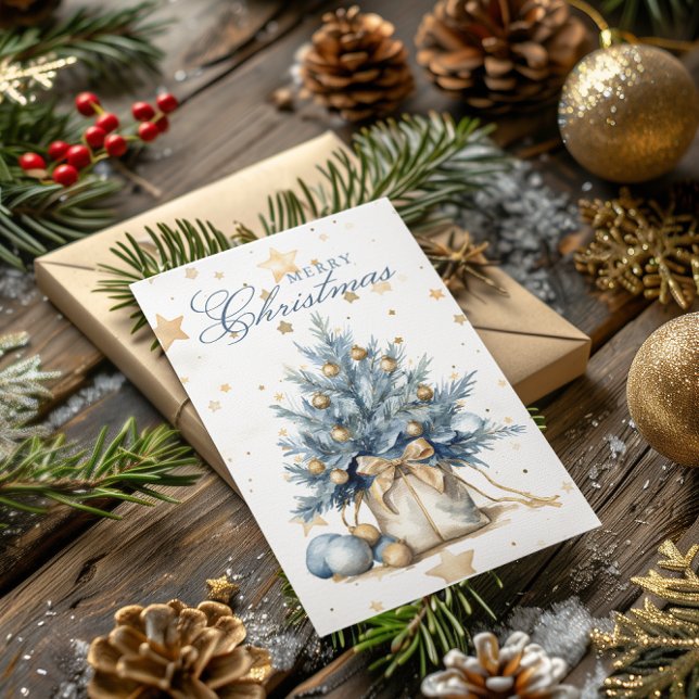 Christmas Tree Gold Blue Calligraphy Watercolor  Holiday Card (Creator Uploaded)