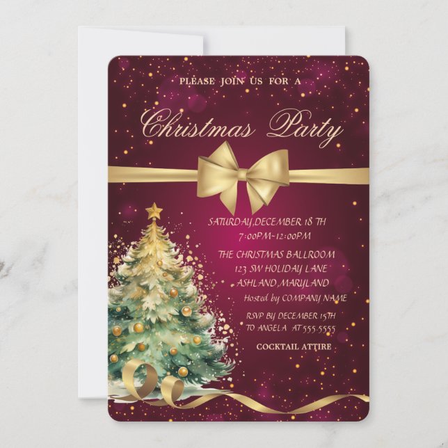  Christmas Tree Gold Bow Christmas Party Invitation (Front)