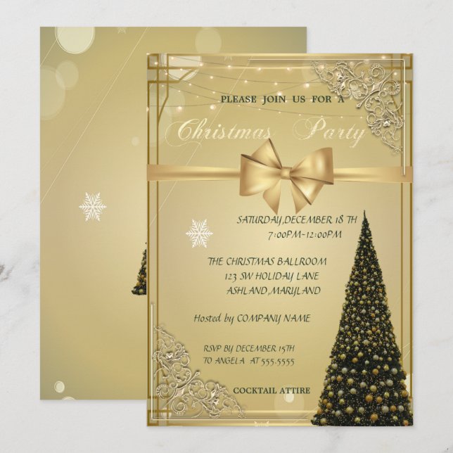 Christmas Tree, Gold Bow,CorporateChristmas Party Invitation (Front/Back)