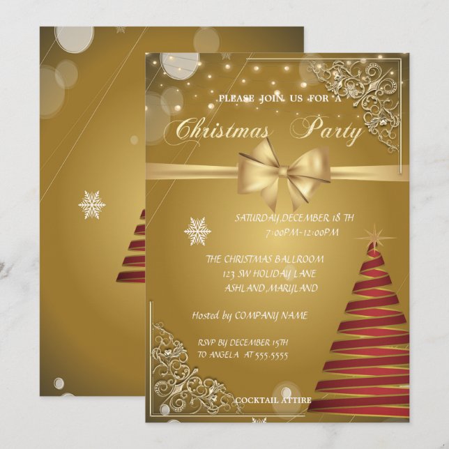 Christmas Tree, Gold Bow,CorporateChristmas Party Invitation (Front/Back)