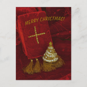 Christmas tree gold cross Merry Christmas text  Postcard
