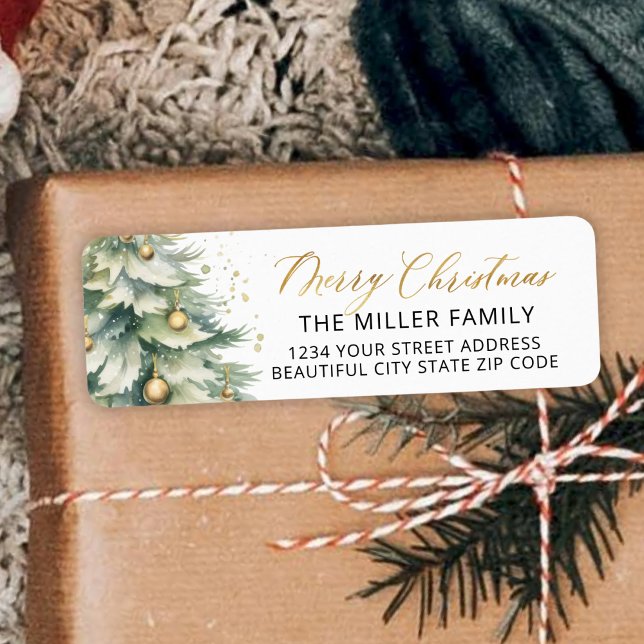 Christmas Tree Gold Script Return Address Label (Creator Uploaded)