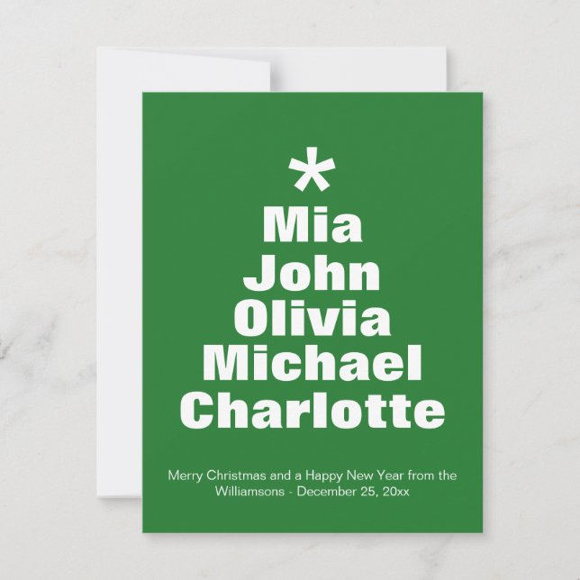 Christmas tree green custom family names card (Front)