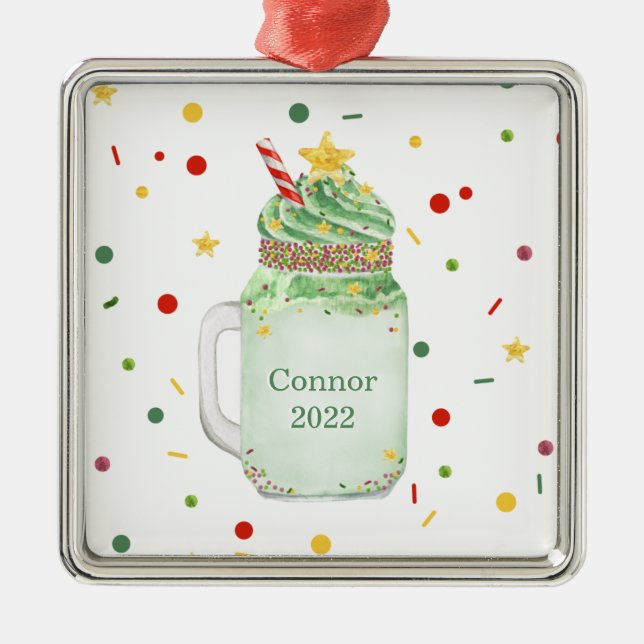 Christmas Tree Green Mason Jar Milkshake Year Metal Ornament (Front)