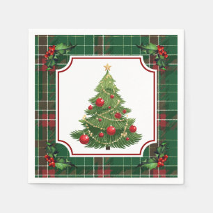 Christmas Tree Green Plaid with Holly Napkin