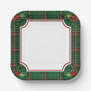 Christmas Tree Green Plaid with Holly Paper Plate
