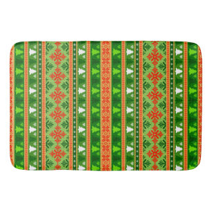 CHRISTMAS TREE GREEN WHITE RED ORNAMENTS BATH MAT