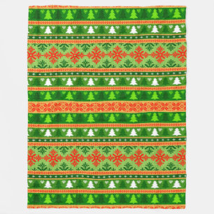 CHRISTMAS TREE GREEN WHITE RED ORNAMENTS  FLEECE BLANKET