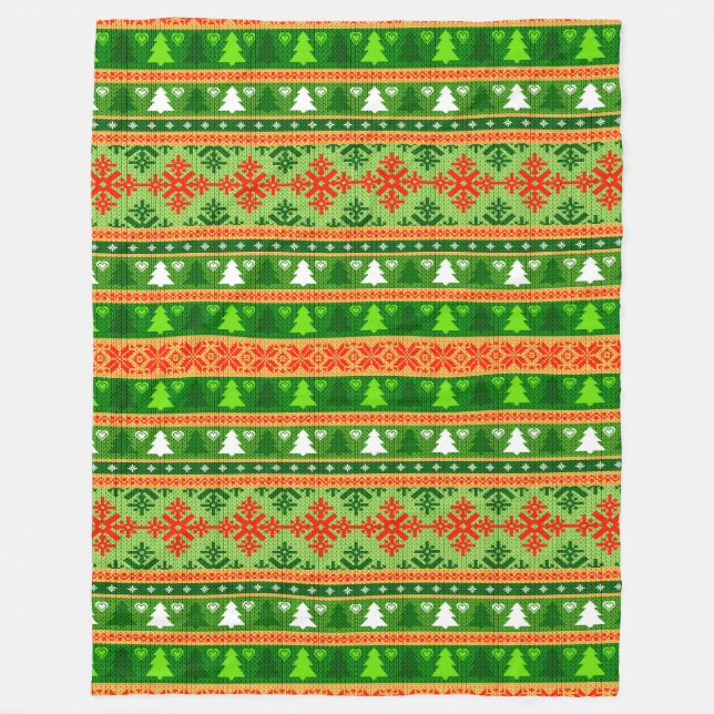 CHRISTMAS TREE GREEN WHITE RED ORNAMENTS  FLEECE BLANKET (Front)