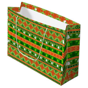CHRISTMAS TREE GREEN WHITE RED ORNAMENTS LARGE GIFT BAG