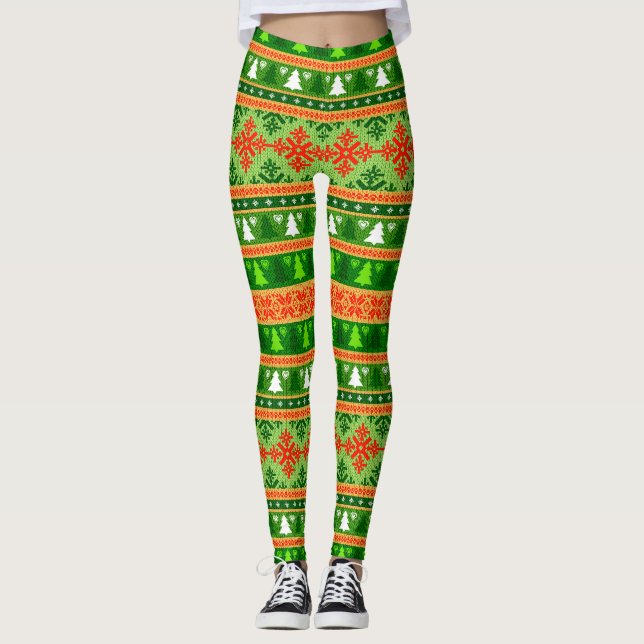 CHRISTMAS TREE GREEN WHITE RED ORNAMENTS  LEGGINGS (Front)