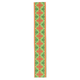 CHRISTMAS TREE GREEN WHITE RED ORNAMENTS LONG TABLE RUNNER