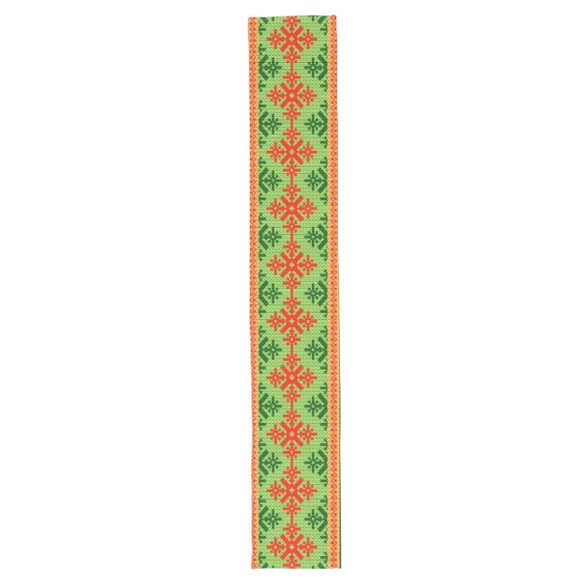 CHRISTMAS TREE GREEN WHITE RED ORNAMENTS  LONG TABLE RUNNER (Front)