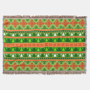 CHRISTMAS TREE GREEN WHITE RED ORNAMENTS THROW BLANKET